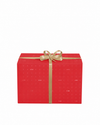 Red, black, and beige patterned gift wrapping by Alessi, with visible logos and a gold ribbon bow.